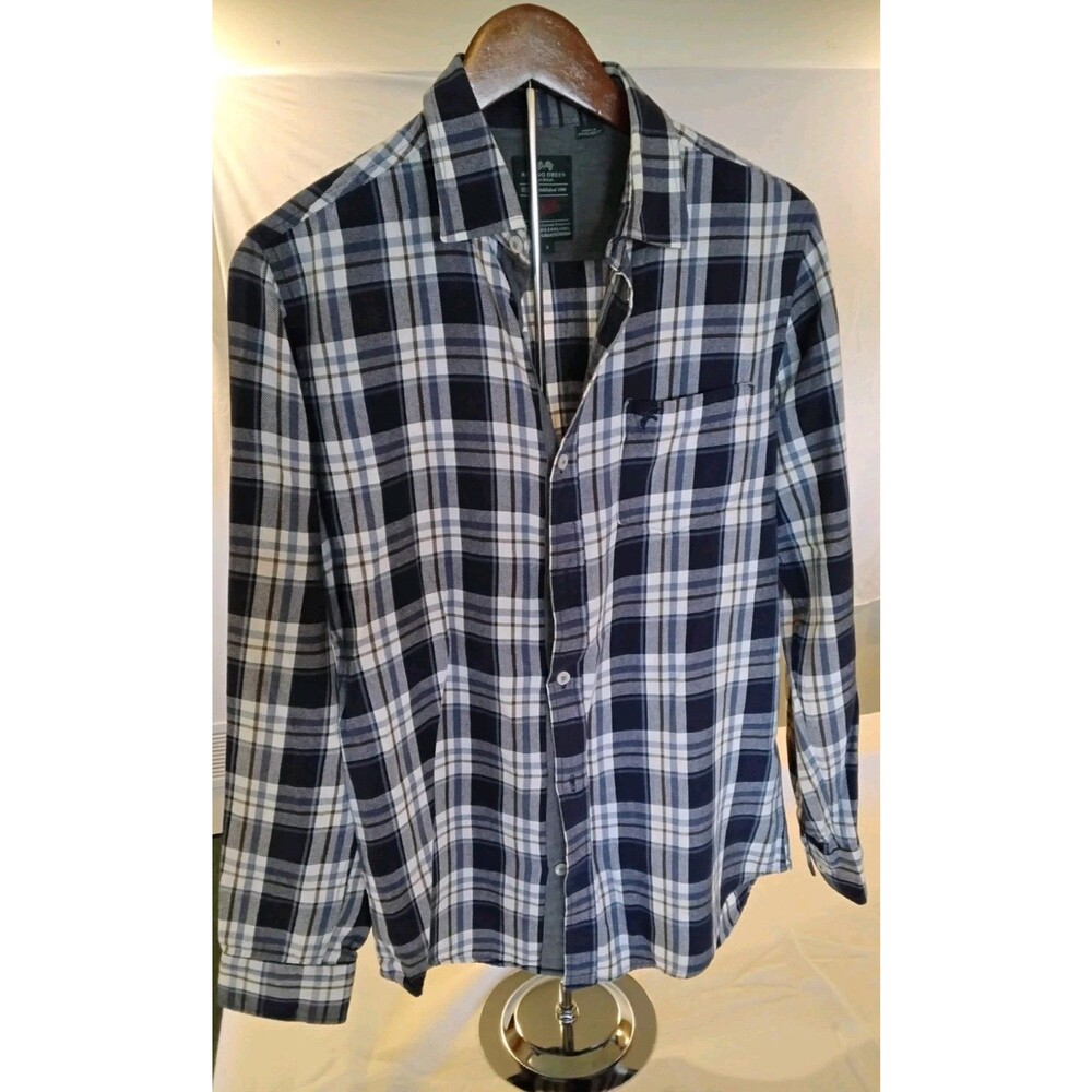Racing Green Great Britain Mens Button Front Flannel Shirt Blue Plaid Large L